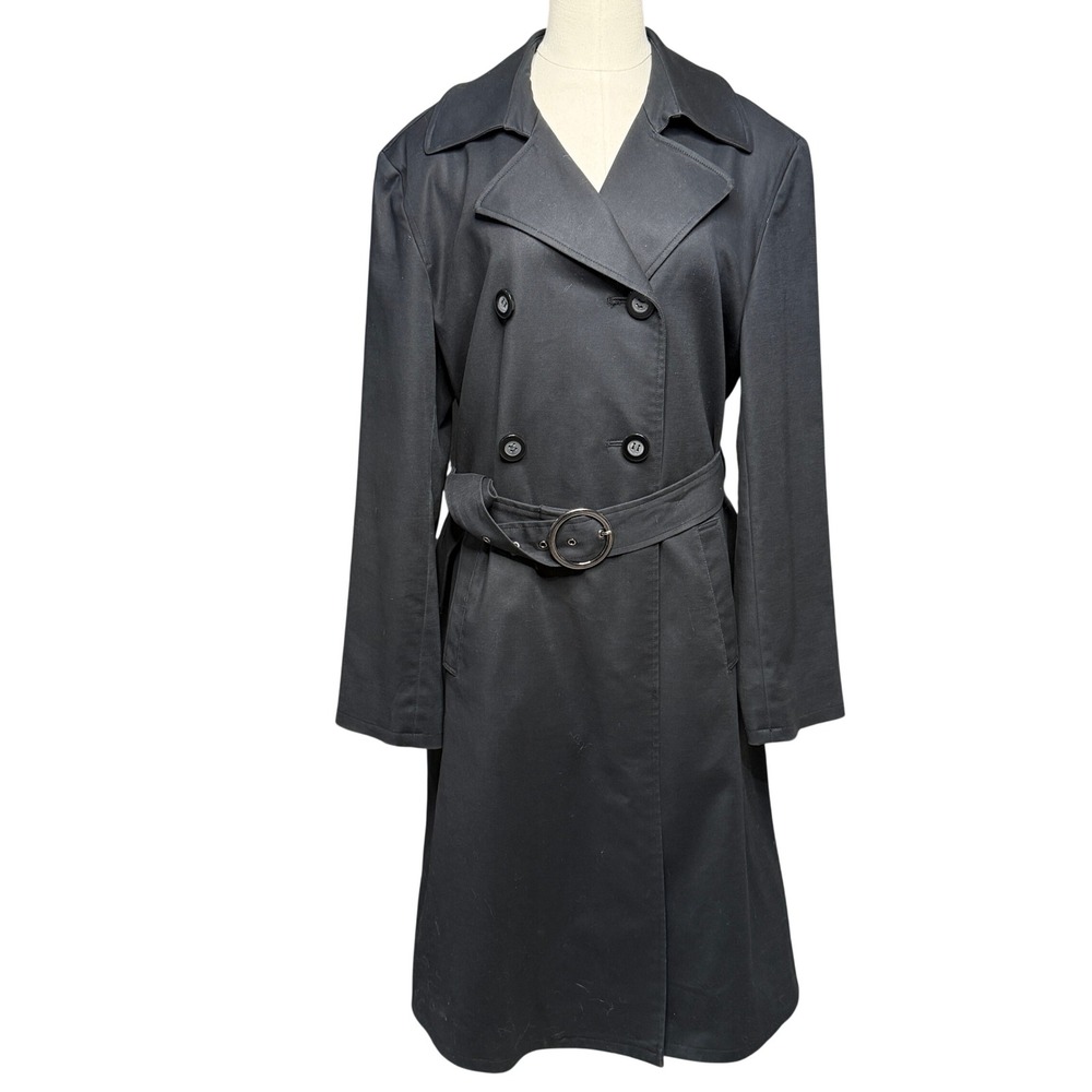 Talbots Trench Coat Womens Sz 12 Black Double Breasted Belted Cotton Blend Mid